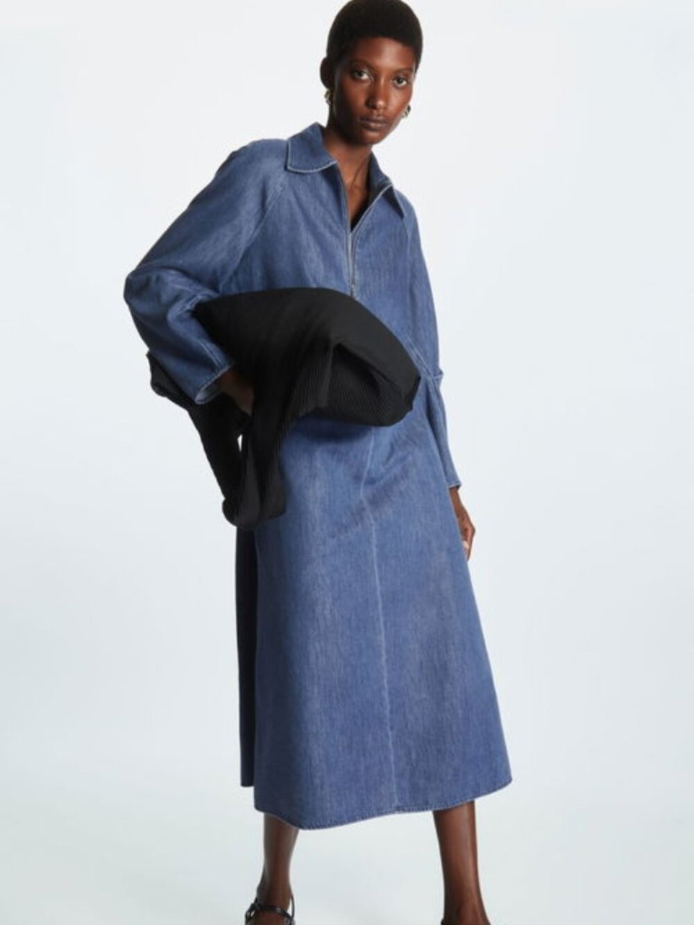 COS Half-Zip Denim Midi Dress in Blue Size 8